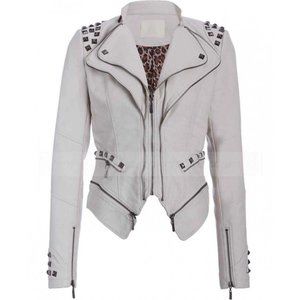 Blu Kanvas Womens White Studded Faux Leather Moto Jacket - S